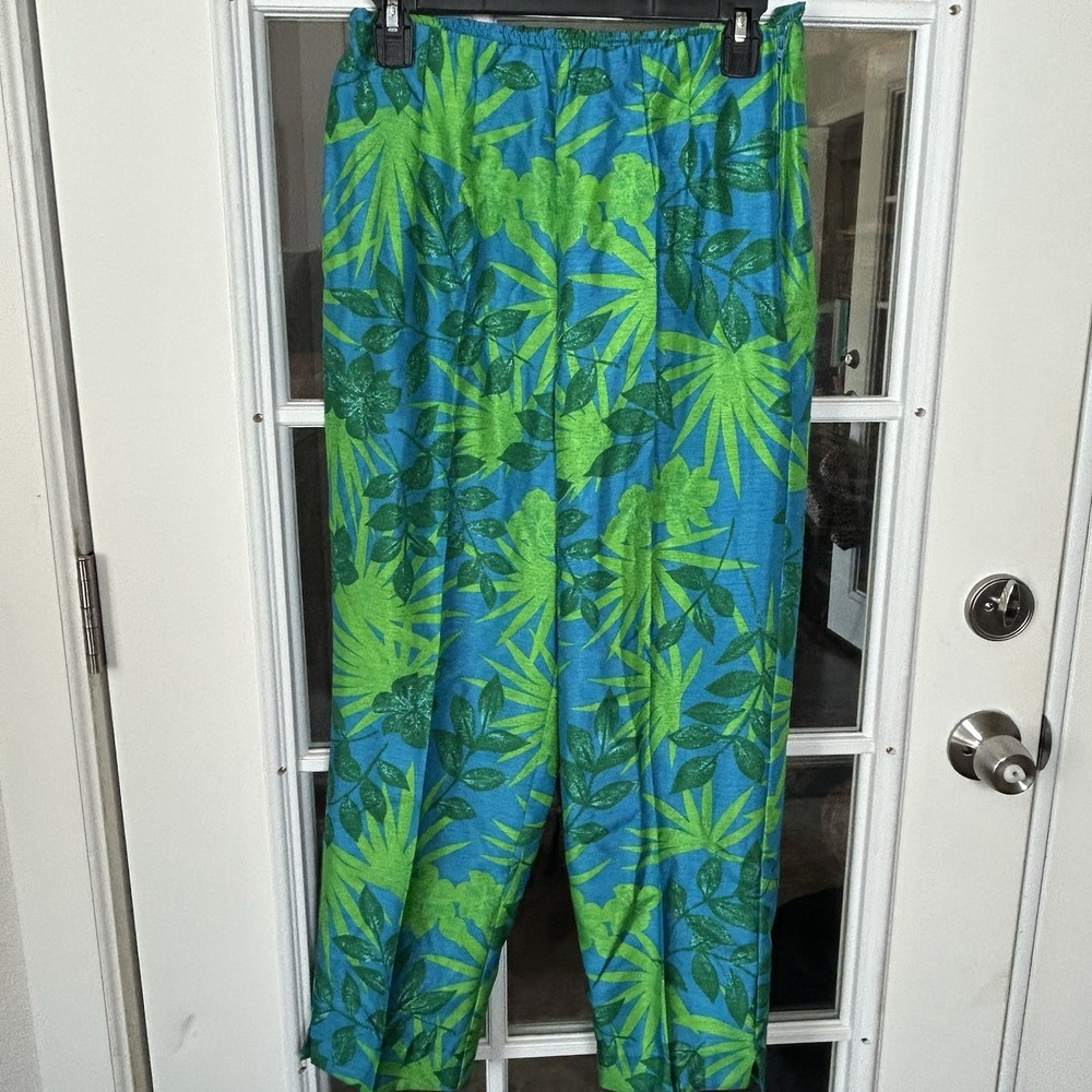 Vintage 80s 90s Tropical Palm Leaf Plant Cropped Pants Size 10 Bold‎ Green Blue
